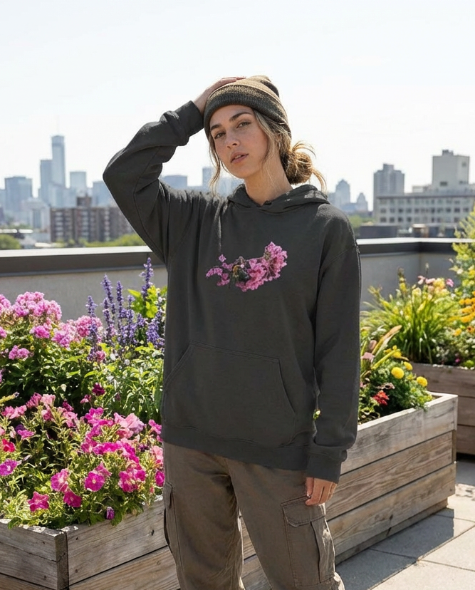 Bee and Butterfly Habitat Fund, Bee Pollinating Graphic, Moss Apparel, Hoodie