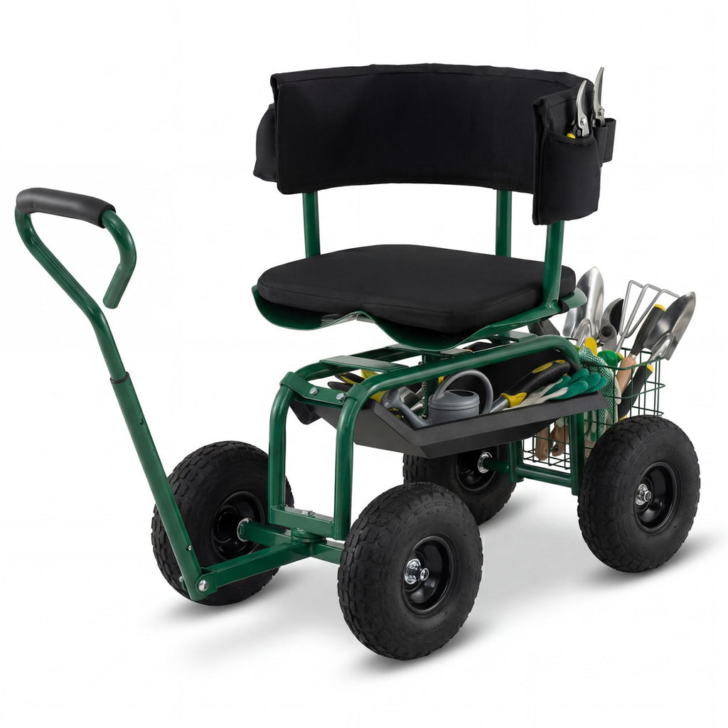 Cushioned Rolling Garden Cart Scooter with Storage Basket and Tool Pouch