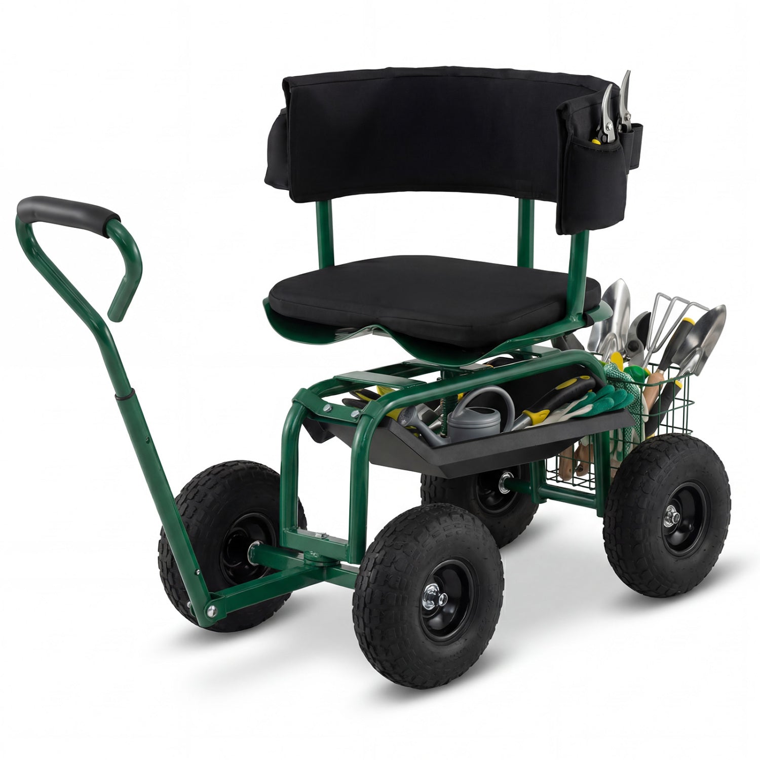 Cushioned Rolling Garden Cart Scooter with Storage Basket and Tool Pouch