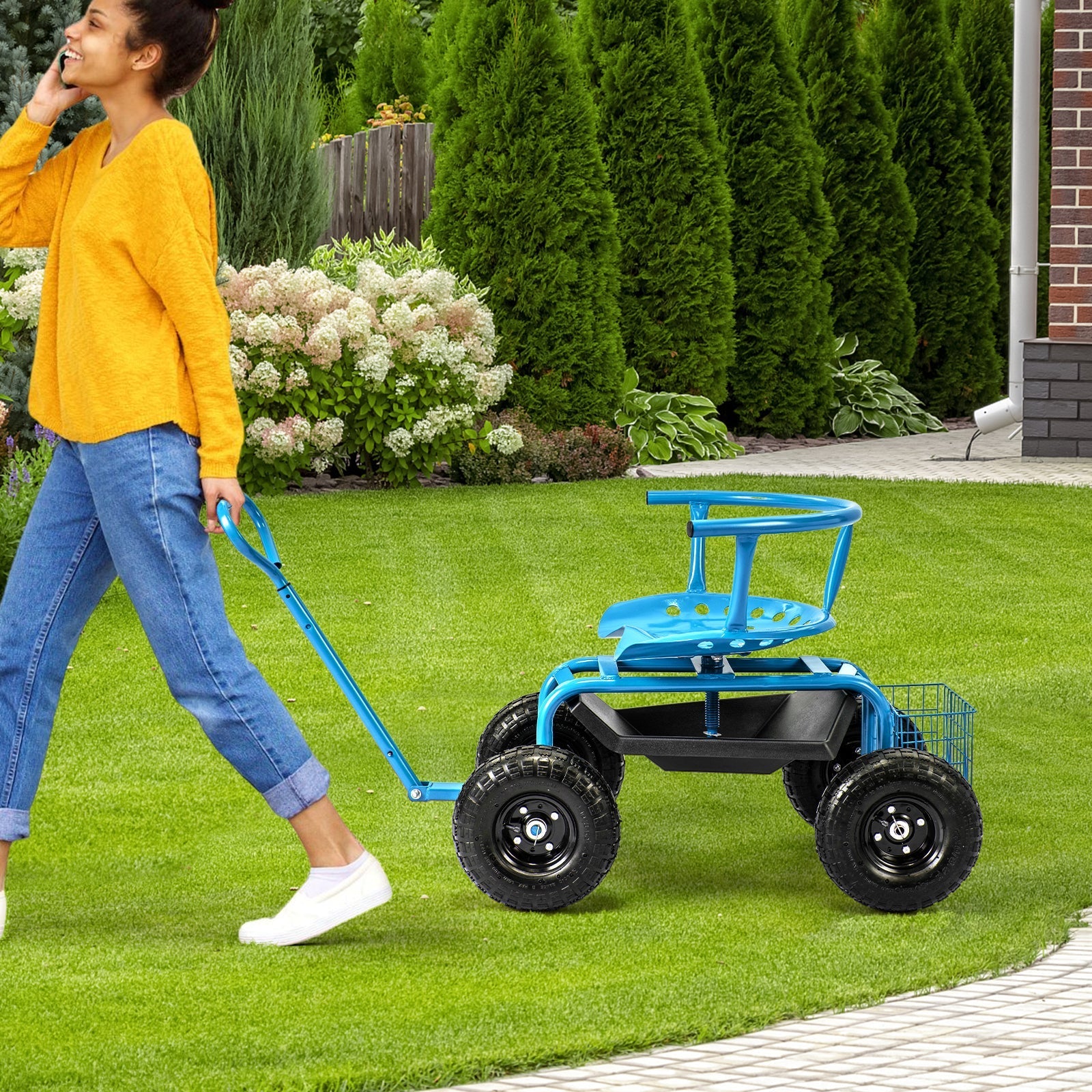 Cushioned Rolling Garden Cart Scooter with Storage Basket and Tool Pouch