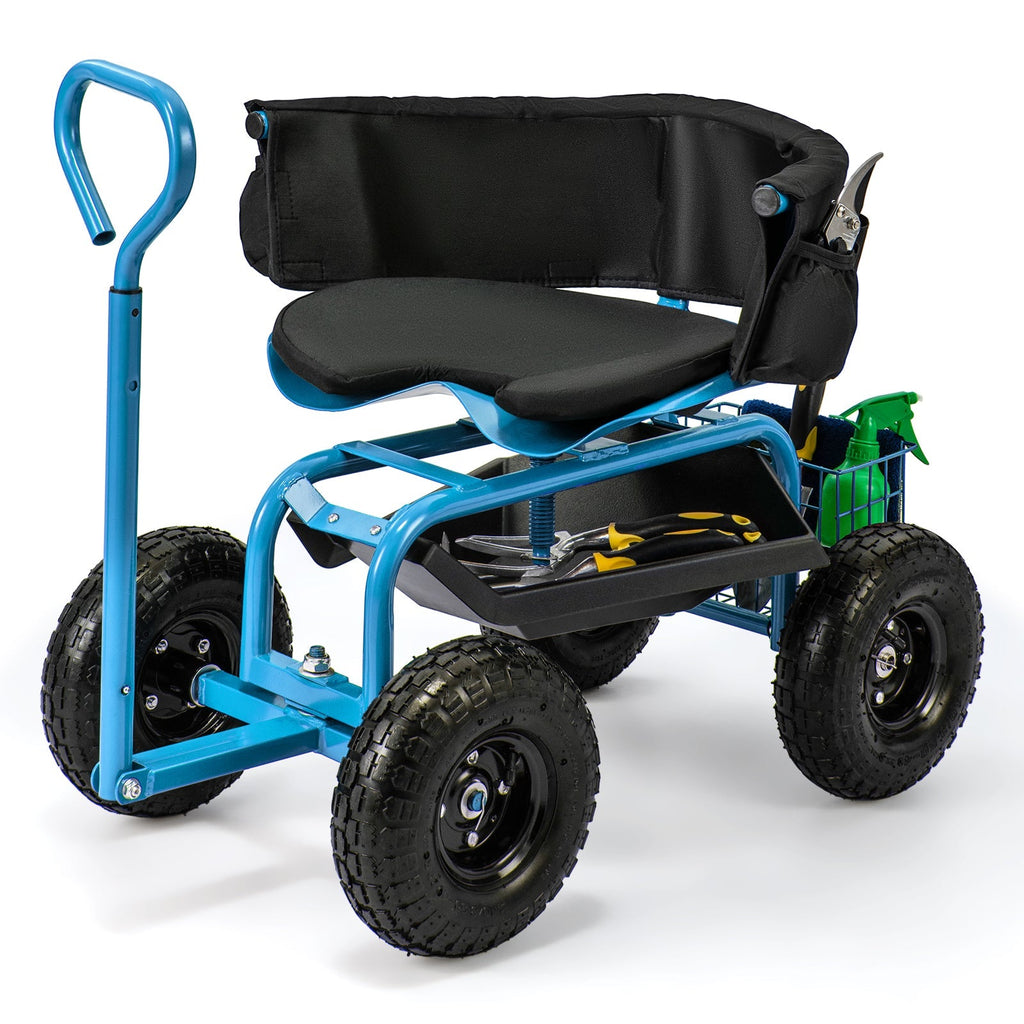 Cushioned Rolling Garden Cart Scooter with Storage Basket and Tool Pouch