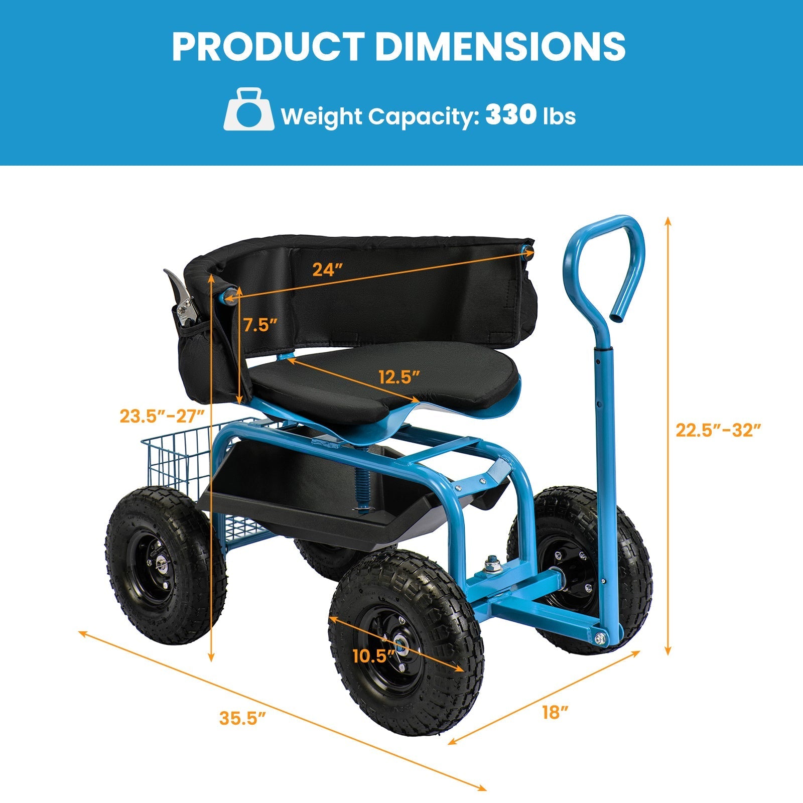 Cushioned Rolling Garden Cart Scooter with Storage Basket and Tool Pouch