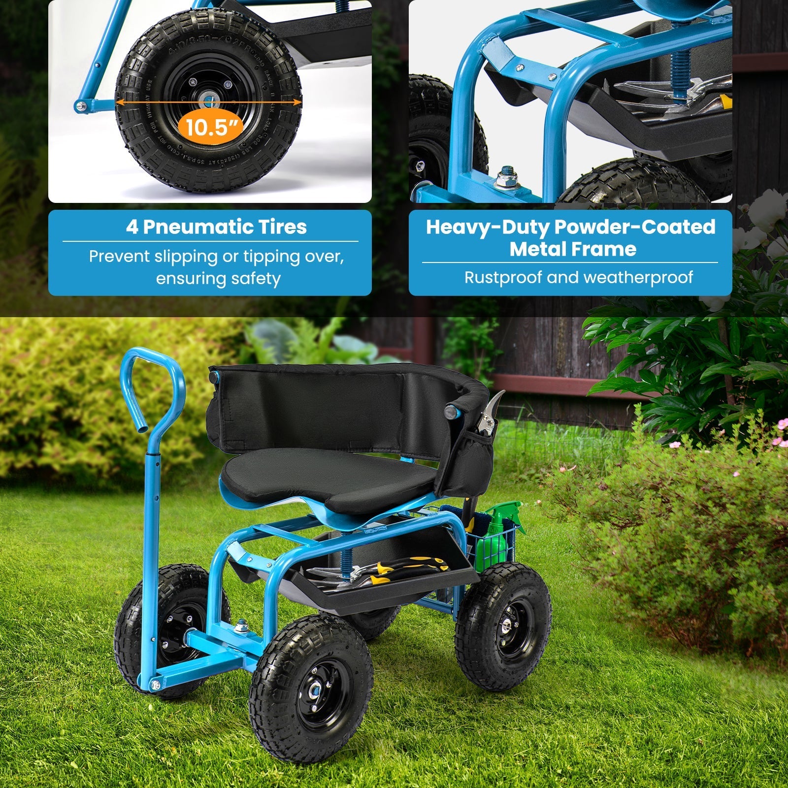 Cushioned Rolling Garden Cart Scooter with Storage Basket and Tool Pouch