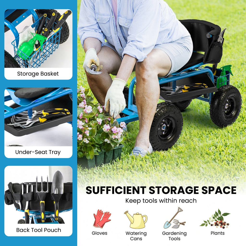 Cushioned Rolling Garden Cart Scooter with Storage Basket and Tool Pouch