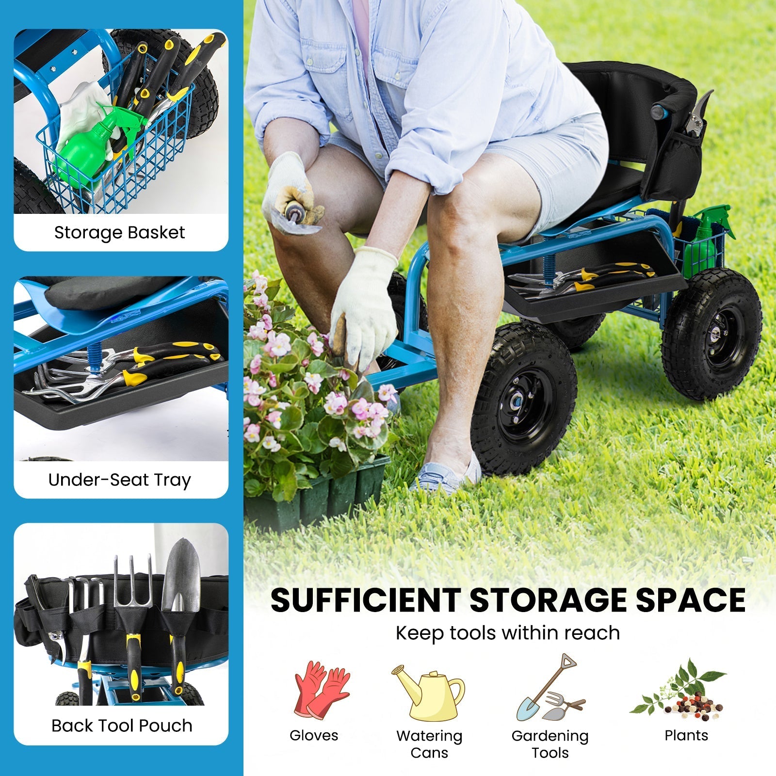Cushioned Rolling Garden Cart Scooter with Storage Basket and Tool Pouch