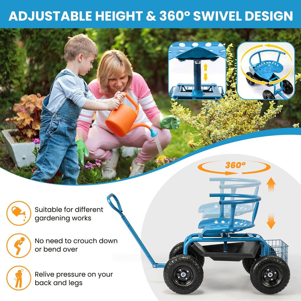 Cushioned Rolling Garden Cart Scooter with Storage Basket and Tool Pouch