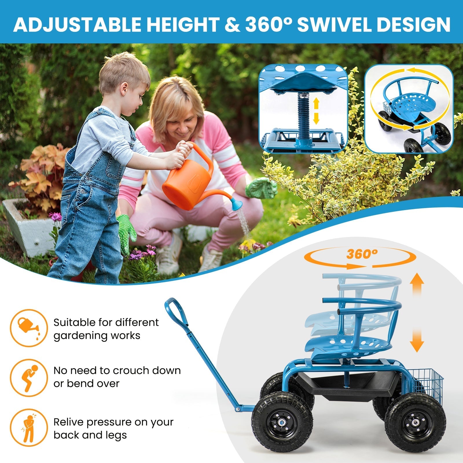 Cushioned Rolling Garden Cart Scooter with Storage Basket and Tool Pouch