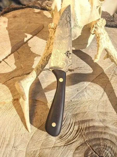 Damascus knife, crosshatch ladder pattern, cocobolo wood handle