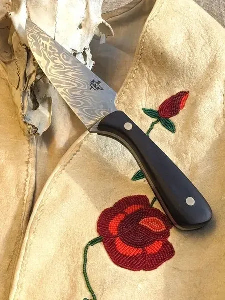 Damascus knife, crosshatch ladder pattern, cocobolo wood handle