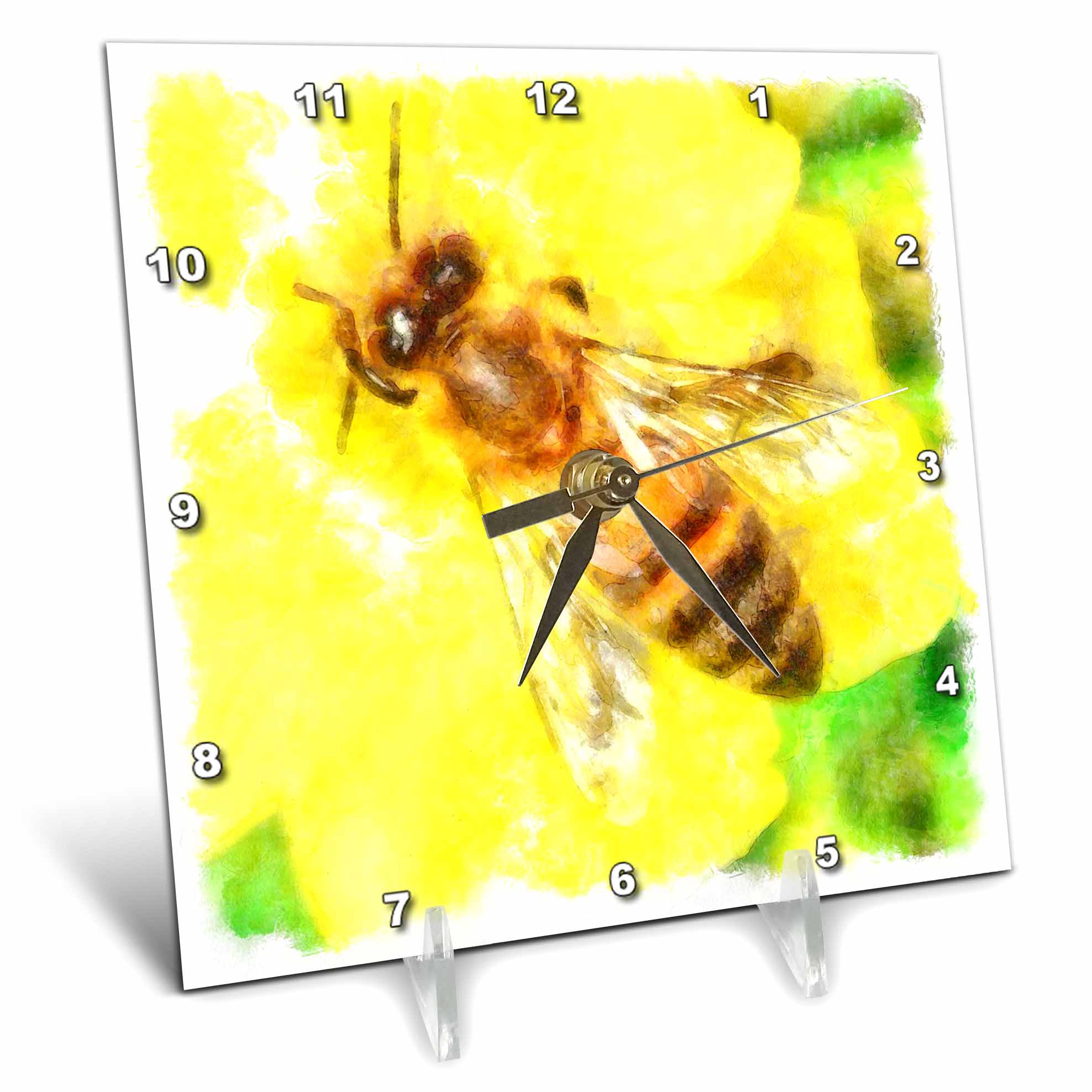 3dRose Taiche - Watercolor Painting - Honey Bee - The Pollen Collector Honeybee Watercolor - Desk Clocks