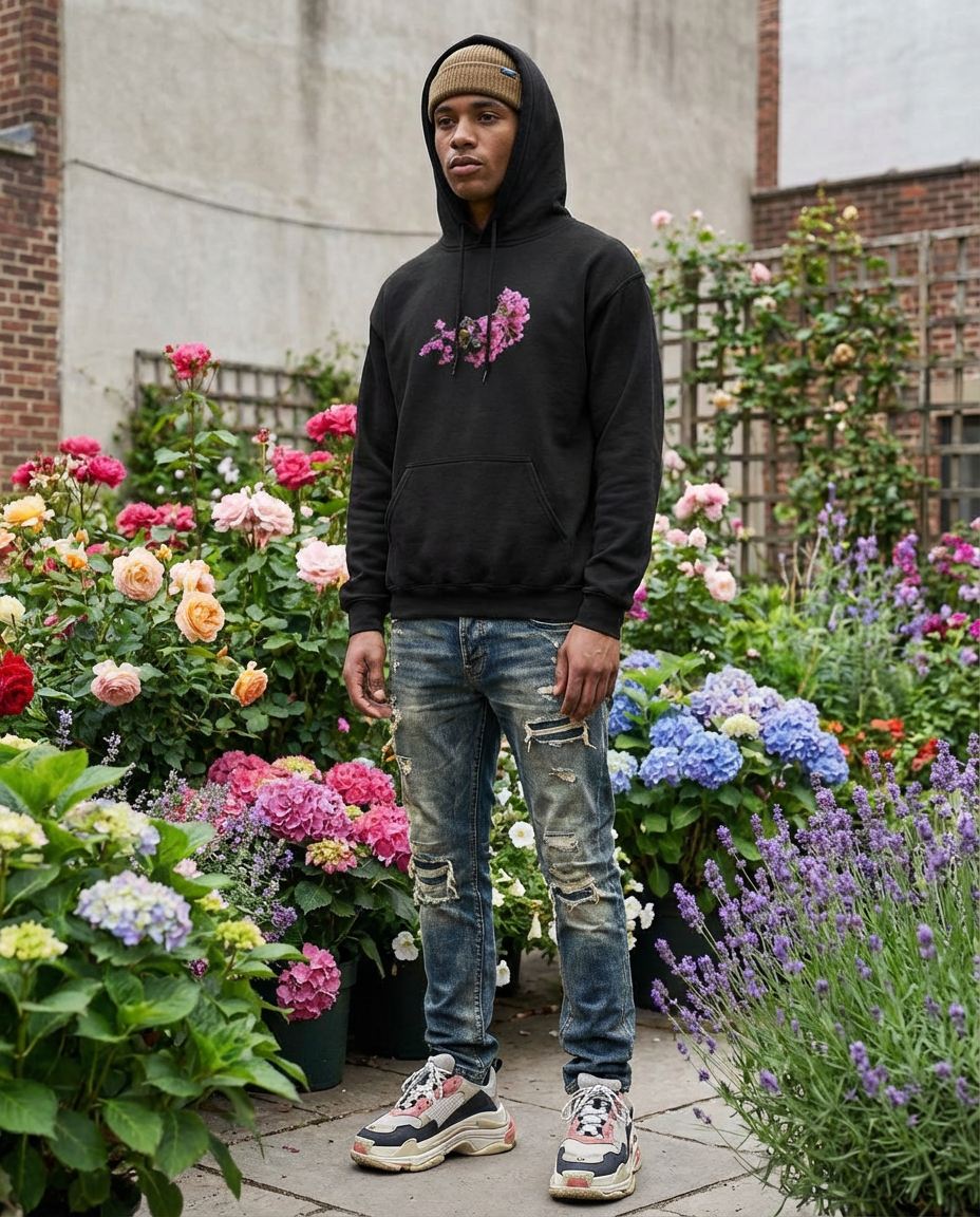 Bee and Butterfly Habitat Fund, Bee Pollinating Graphic, Moss Apparel, Hoodie