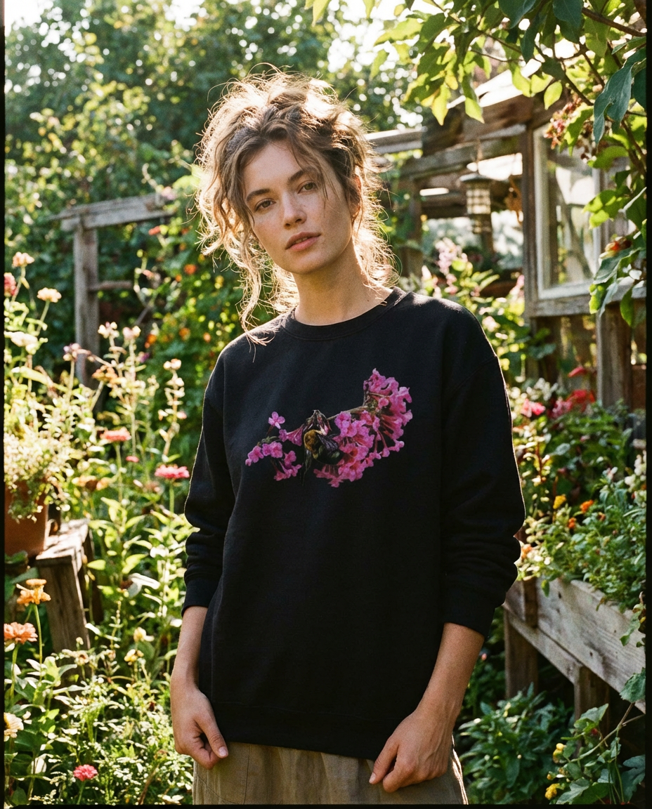 Bee and Butterfly Habitat Fund, Bee Pollinating Graphic, Moss Apparel, Crewneck Sweatshirt